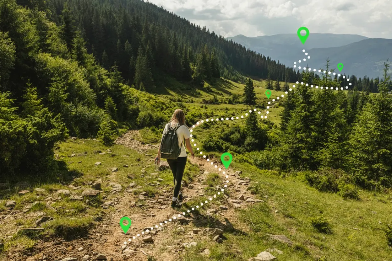 Illustration of a career path: a hiker following a trail marked with waypoints